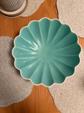 Scalloped Ceramic Serving Bowl - Seafoam Green and white